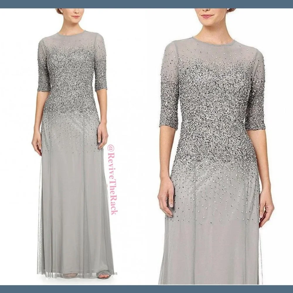 NEW Adrianna Papell Beaded Illusion Bodice Mesh Gown in Grey [Petite SZ 4P‎ ]